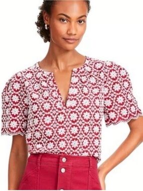 LOFT Red and White Embroidered Eyelet Split-Neck Top